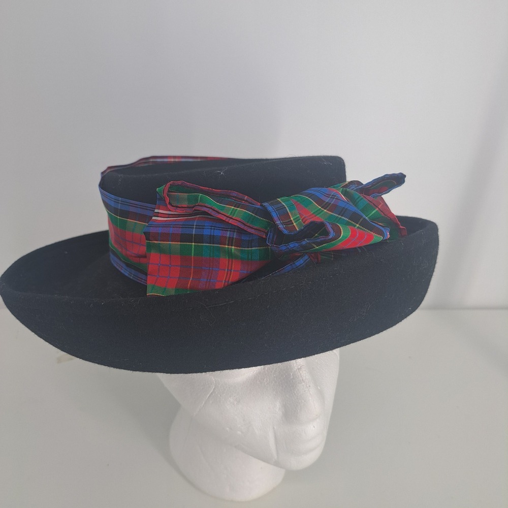 VTG Bollman Hat Co Doeskin Felt 100% Wool Black Boater Plaid Bow Ribbon Academic